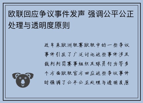 欧联回应争议事件发声 强调公平公正处理与透明度原则 欧联回应争议事件发声 强调公平公正处理与透明度原则