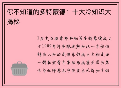 你不知道的多特蒙德：十大冷知识大揭秘