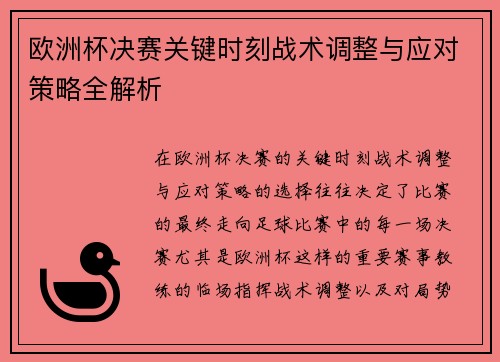 欧洲杯决赛关键时刻战术调整与应对策略全解析